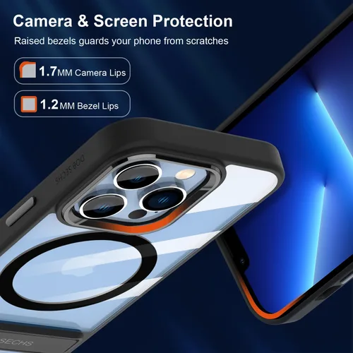 Vista 6 de DOB SECHS Funda transparente de metal compatible con Magsafe para iPhone 13 Pro Max, con botón de aleación de aluminio, soporte de 3 vías