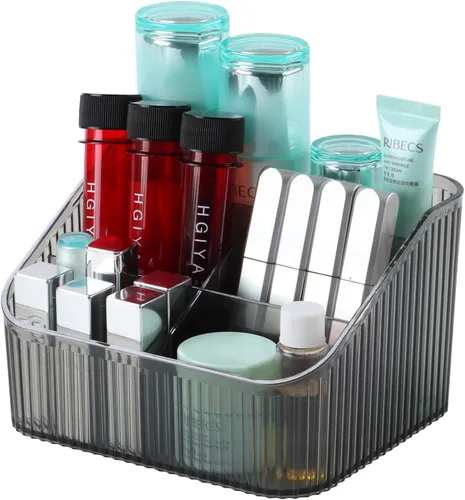 Vista 9 de Organizador de brochas de maquillaje ámbar para tocador, organizador de encimera de baño, 5 tazas, almacenamiento y exhibición de artículos