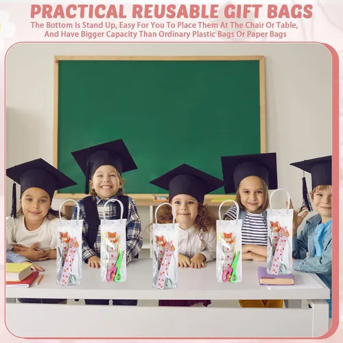 Vista 5 de LEIFIDE 50 bolsas de regalo de plástico transparente con asas, de PVC, reutilizables, transparentes, bolsas para dulces, escuela, fiesta