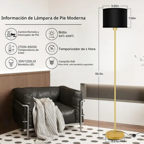Vista 3 de Lámparas de pie doradas para sala de estar, lámpara de pie regulable sin escalones con control remoto, temperatura de color y brillo ajustables