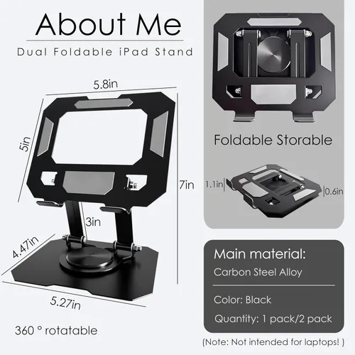 Vista 2 de Soporte de tableta para iPad, soporte de escritorio giratorio de 360°, soporte de escritorio plegable ajustable de acero al carbono, para iPad Pro