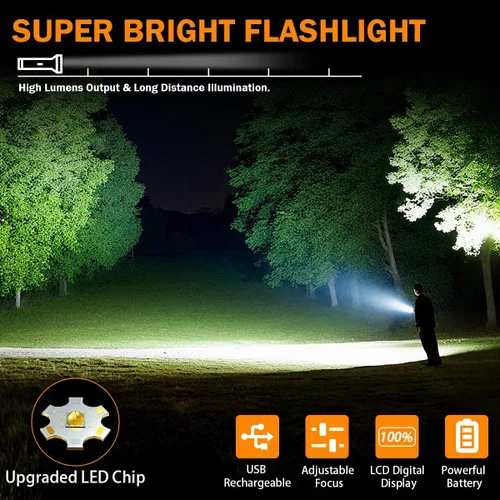 Vista 2 de Paquete de 3 linternas recargables de alto lúmenes 9900FL, linterna LED recargable con pantalla digital LCD, 5 modos de luz de flash ajustable