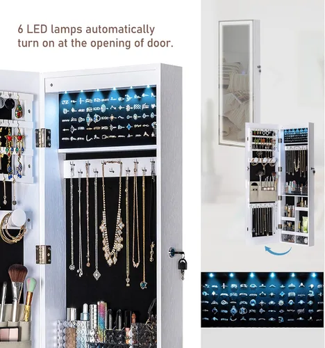 Vista 4 de Tektalk Joyero Armario con 3 Lámparas de Espejo Ranurado, Espejo de Cuerpo Entero, Joyero Organizador Montado en Pared/Puerta con Luces LED