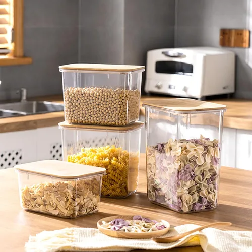 Vista 9 de Recipientes de plástico de gran capacidad para almacenamiento de alimentos con tapa de bambú, caja de sellado a prueba de humedad con tapas