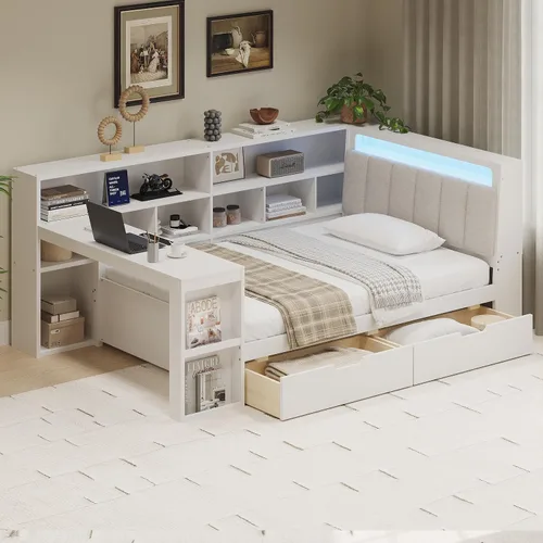Vista 33 de VilroCaz Cama de sofá de tamaño individual de madera con estantes de almacenamiento y escritorio de estudio, estructura de cama de día Blanco