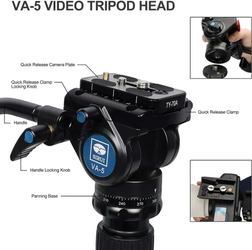 Vista 2 de Sirui Trípode de cámara de aluminio con monopié y cabeza de panorámica fluida VA-5, kit de trípode resistente de 160 cm para cámara DSLR