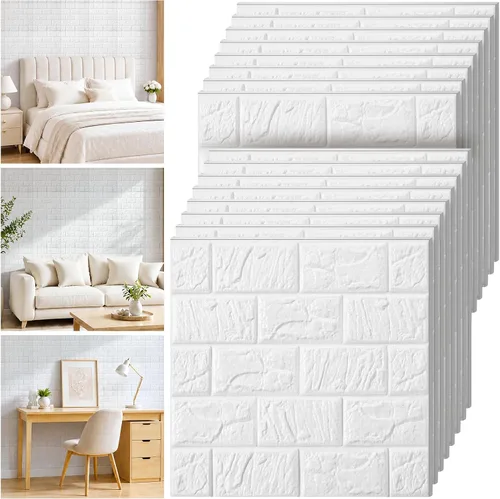 Vista 12 de Tinlade 30 Piezas 28.81 Pies Cuadrados Paneles de Pared 3D Despegar y Pegar Papel Tapiz de Ladrillo de Espuma Imprimible Paneles de Pared de Blanco