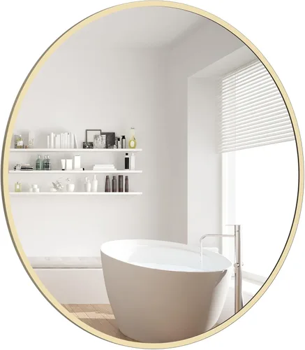 Vista 23 de WallBeyond Espejo redondo negro de madera de 24 pulgadas, espejo de pared circular para baño, espejo de pared redondo para decoración de pared
