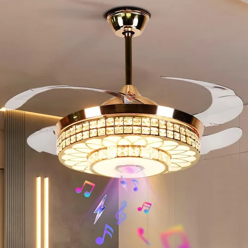 Vista 14 de Ventilador de techo retráctil de 42 pulgadas con luz y control remoto, candelabro negro cristal, moderno, comedor
