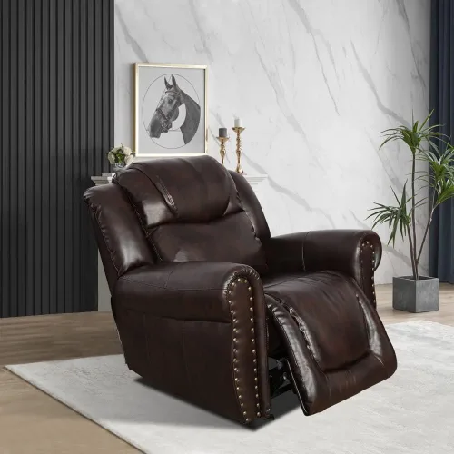 Vista 2 de Sillón reclinable de cuero, muebles de sala de estar, silla reclinable manual, silla de cuero marrón de 1 plaza para sala de estar