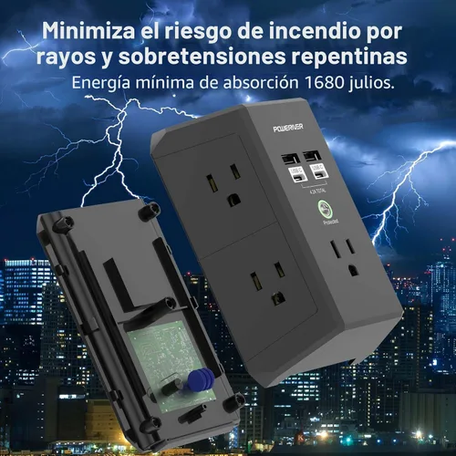 Vista 4 de POWERIVER - Extensor de sobretensiones multitoma de corriente con 5 salidas de CA y 4 puertos USB (2 USB C), 1,680 julios, divisor de salida