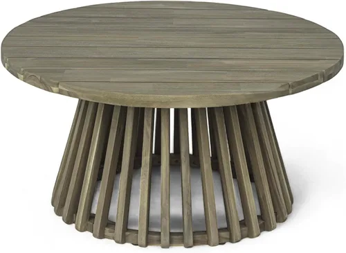 Vista 3 de Merax - Mesa de café redonda de madera de acacia para patio al aire libre, para jardín, balcón, acabado gris