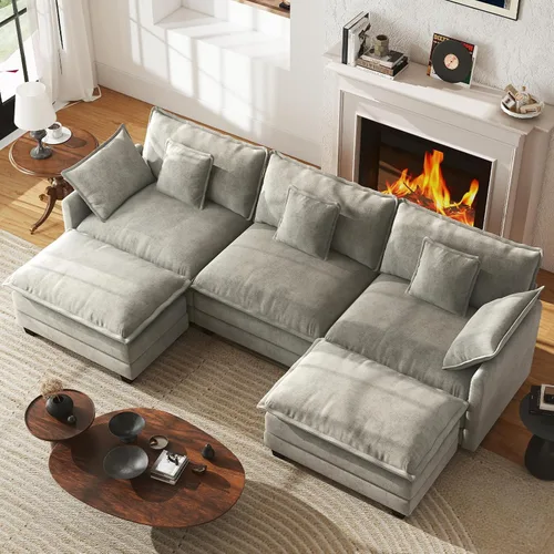 Vista 43 de Sofá de nube en forma de L de 77 pulgadas, sofá modular con otomana, cómodo sofá biplaza de felpilla con almohada para sala de estar, dormitorio