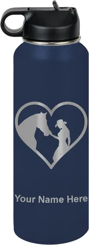 Vista 67 de LaserGram Botella de agua personalizada, corazón de vaquera de caballo, acero inoxidable de doble pared aislada al vacío con popote superior, regalo