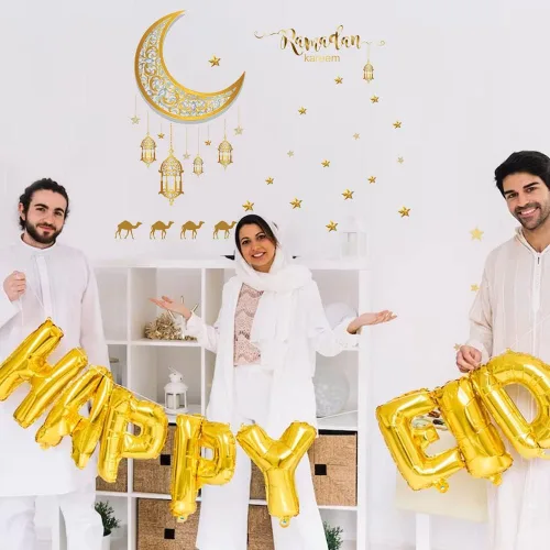 Vista 4 de Estivaux Eid Mubarak - Juego de calcomanías para decoración de pared, Ramadán, luna, estrellas, farol, ventana, islámico, musulmán, calcomanías