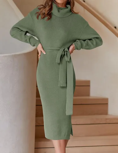 Vista 29 de ZESICA - Vestido por debajo de la rodilla de suéter, de cuello alto, para mujer, de manga larga, de punto acanalado, con abertura y cinturón