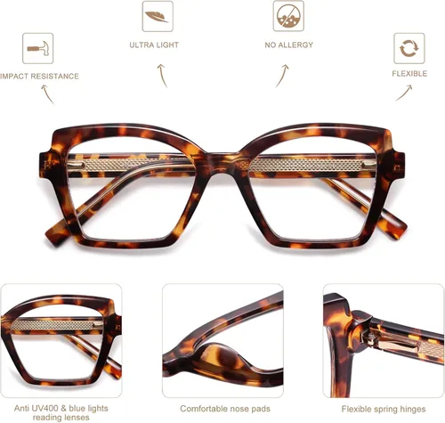 Vista 5 de AMOMOMA Paquete de 2 lentes de lectura modernos con diseño de ojo de gato para mujeres y hombres, elegantes lentes cuadrados con bloqueo de luz azul