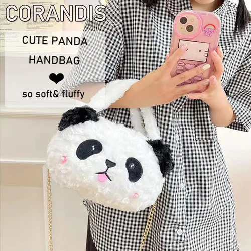 Vista 3 de Corandis Bolso de peluche de panda rojo lindo mochila de peluche de panda, bolsa de animales esponjoso, bolso suave para niños, regalo para niñas