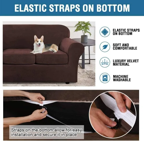 Vista 4 de Funda de terciopelo de lujo con fundas de cojín de asiento separadas, funda de sofá de alta elasticidad, fundas de sofá de felpa ultra suave, Marrón