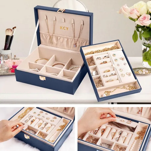 Vista 3 de KCY Organizador de joyas para mujeres y niñas estuche grande de cuero sintético con soporte de exhibición de 2 capas y bandeja extraíble para aretes