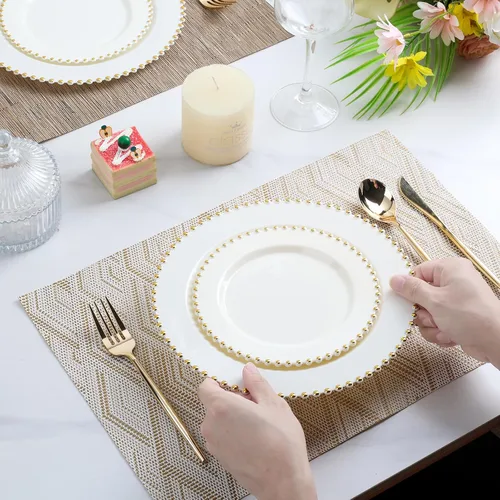 Vista 7 de ejonirinjonir EI 60 platos de plástico beige con borde dorado, platos desechables marfil, plato de plástico de lujo resistente, cena de 10 pulgadas