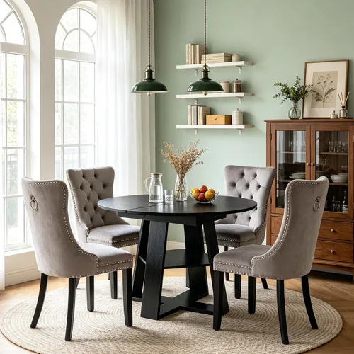 Vista 38 de Juego de 4 mesas de comedor redondas de 5 piezas para 4, 43.3 a 59 pulgadas, extensibles, redondas a ovaladas, juego de 4, mesas de comedor de Mesa