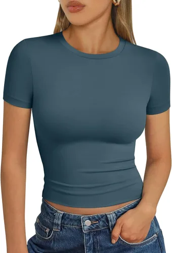 Vista 14 de Trendy Queen - Camisetas básicas para mujer, camisetas de verano 2025, de manga corta, ajustadas, para gimnasio, entrenamiento, ropa estilo Y2K