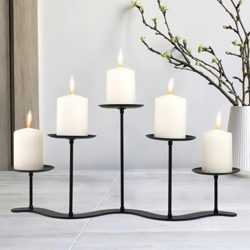 Vista 10 de Candelabro de hierro de 3 brazos - 10 pulgadas ondulado para velas de pilar Marco de metal duradero con 3 plataformas escalonadas, acabado negro