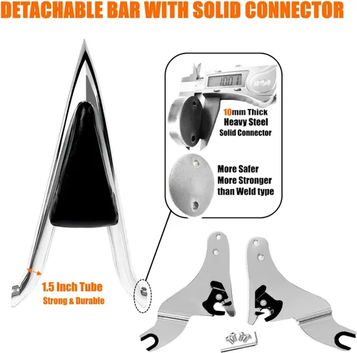 Vista 5 de Barra cromada desmontable para respaldo de pasajero, almohadilla trasera para Harley Davidson modelos Touring 2009-2026 Street Glide Road Glide Cromo