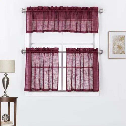 Vista 12 de Juego de 3 cortinas de lino con textura para ventana de cocina y cafetería, 24 pulgadas de largo, color negro