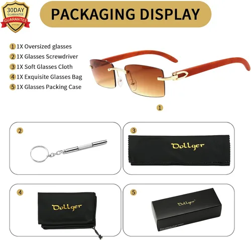 Vista 7 de Dollger Gafas de sol rectangulares sin montura para hombres y mujeres diseño de madera hip-hop pequeñas gafas de sol cuadradas sin marco de los años