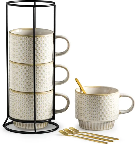 Vista 7 de Gomakren - Juego de 4 tazas de café apilables de 13 onzas con soporte, color negro