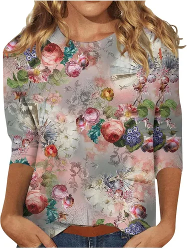 Vista 98 de Camisetas personalizadas para mujer, a la moda, casual, de séptima manga, estampada, cuello redondo, camiseta