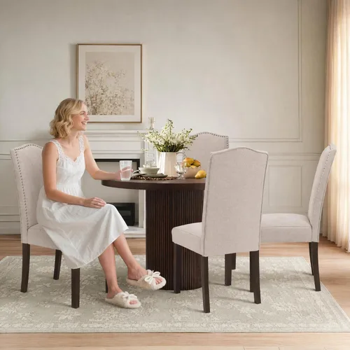 Vista 4 de Juego de 2 sillas de comedor tapizadas modernas y elegantes para cocina Beige