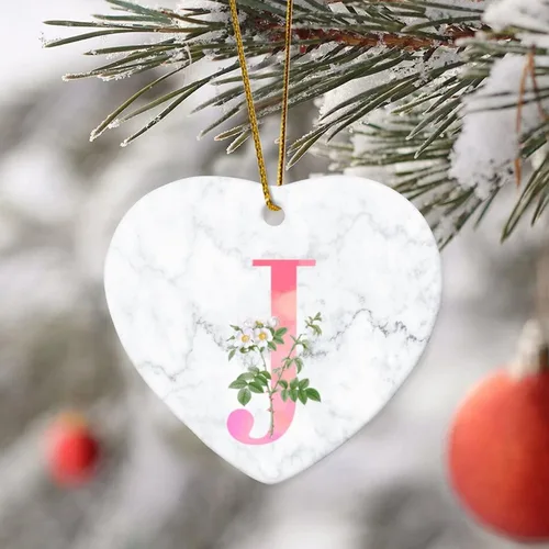 Vista 5 de Adorno de Navidad de cerámica con forma de corazón, rosa, acuarela, inicial, alfabeto, letra J, adorno para árbol de Navidad, recuerdo de boda