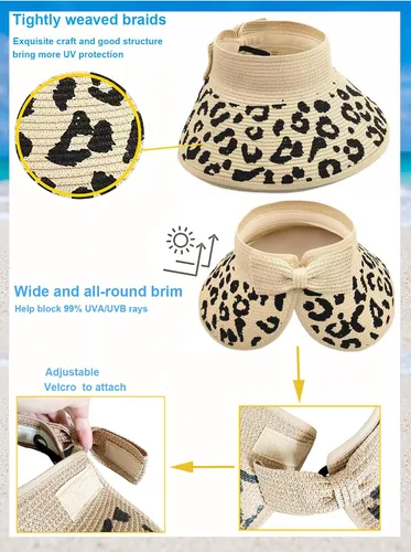Vista 4 de Sombrero de paja con protección UV, visera de playa, sombrero de ala ancha, estampado de leopardo, enrollable, plegable para mujer