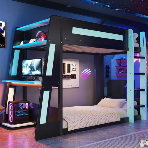 Vista 24 de Cama tipo loft en forma de L tamaño matrimonial e individual con 2 escritorios, tablero de clavijas y cajones de almacenamiento, marco de cama