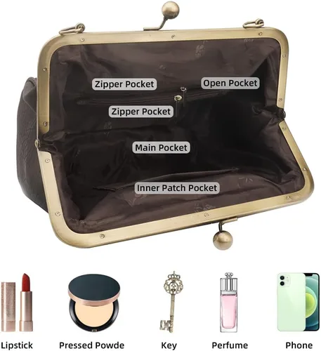 Vista 5 de ROUROU Bolso de mano hueco retro para mujer, bolso de hombro de cuero, bolso de mano de noche, cierre de beso, bolso cruzado, L