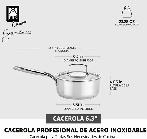 Vista 2 de BRA COOKWARE Signature Olla de acero inoxidable con tapa de vidrio Cacerola profesional de 1.2 cuartos de galón de 6.3 pulgadas Olla