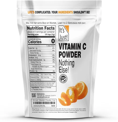 Vista 2 de It's Just! - Polvo de vitamina C, ácido L-ascórbico 100% puro, grado alimenticio, apoyo inmunológico, cosméticos caseros (11 oz)