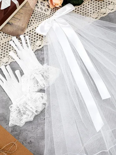 Vista 7 de 2 Pieces First Communion White Veil and Gloves Set First Holy Communion Accessories for Kids Wedding Party Costume