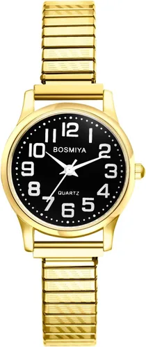 Vista 30 de JewelryWe Reloj de lectura fácil ultrafino para mujer con correa elástica de tono dorado/plateado