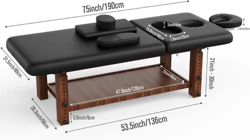 Vista 2 de Mesa de masaje estacionaria con marco de madera resistente con patas de altura ajustable, respaldo, para tratamiento, terapia física, cama de masaje
