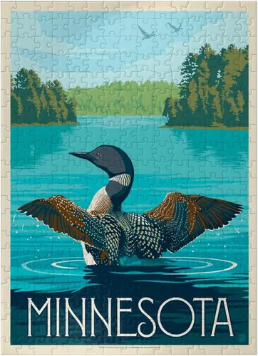 Vista 7 de MyPuzzle Minnesota: Loon, Póster vintage, rompecabezas prémium de 100 piezas para adultos