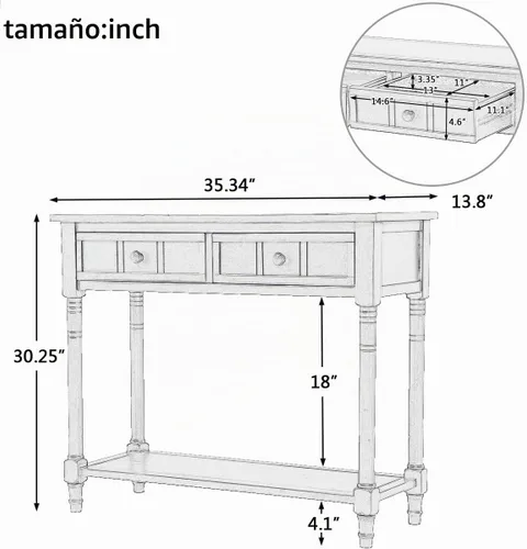 Vista 2 de Merax Mesa de sofá de madera maciza con 2 cajones de almacenamiento y estante inferior, mesa de consola para sala de estar, pasillo, espresso