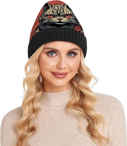 Vista 4 de Cool Cat Samurai - Gorro unisex holgado, talla única, cálido y suave para clima frío, color rojo, Rojo