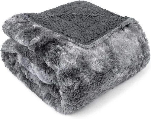 Vista 15 de PAVILIA - Manta de piel sintética reversible con diseño tie-dye color negro, suave, mullida y cálida, mantas y cobijas de sherpa para cama, manta