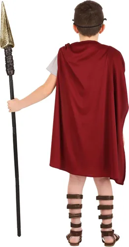 Vista 4 de Roman Warrior Costume for Kids, Boy's Gold Adorned Brown Tunic with Red Cape and Leaf Circlet