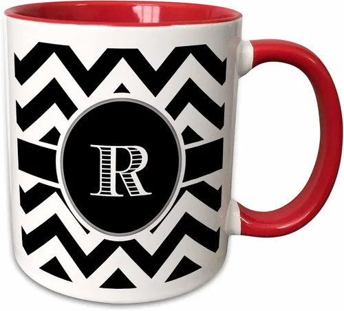 Vista 9 de 3dRose Taza de dos tonos azul con monograma de cheurón en blanco y negro inicial R 11oz