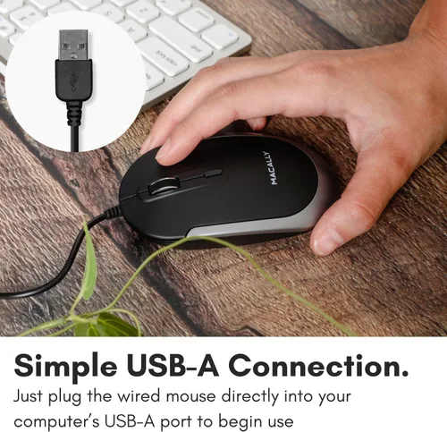 Vista 3 de Macally Ratón silencioso con cable Ratón USB delgado y compacto para Apple Mac o Windows PC portátilescritorio Diseñado con sensor óptico e